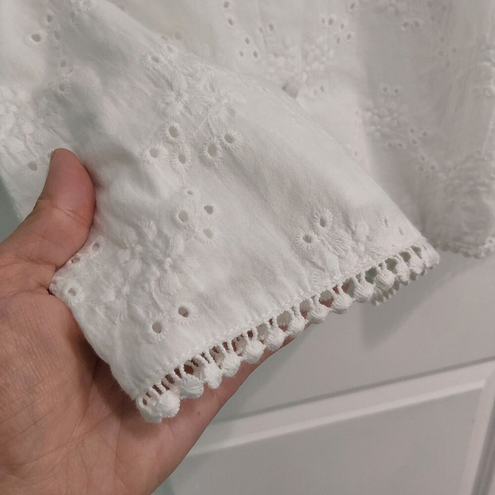 Sabo Skirt White Cotton Eyelet Broderie Mini Dress Cutout Tie Front Puff Sleeve - Picture 6 of 16
